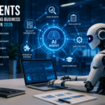 Illustration of AI agents transforming business operations in 2026, showing a robot at a laptop, analytics dashboards, and workflow icons.
