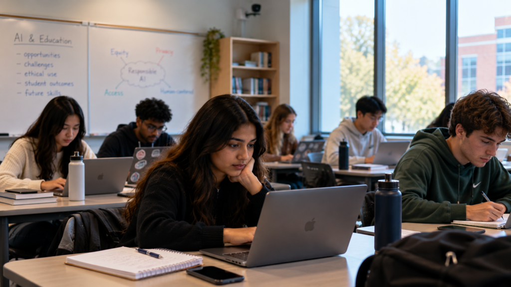AI in Education 2026 – Students using laptops in a classroom to explore responsible AI and digital learning