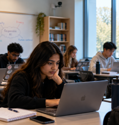 AI in Education 2026 – Students using laptops in a classroom to explore responsible AI and digital learning
