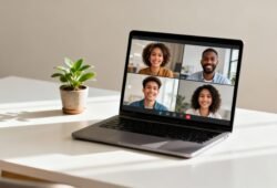 AI Laptops in 2026 showing a laptop used for a professional video meeting with remote team members.