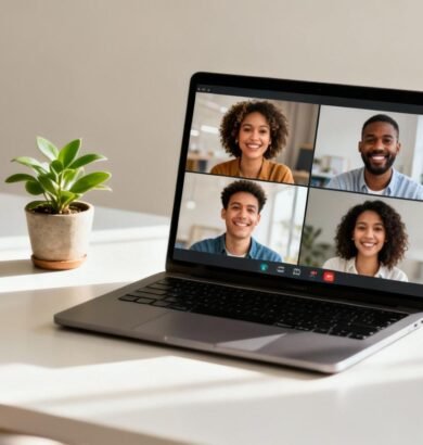 AI Laptops in 2026 showing a laptop used for a professional video meeting with remote team members.