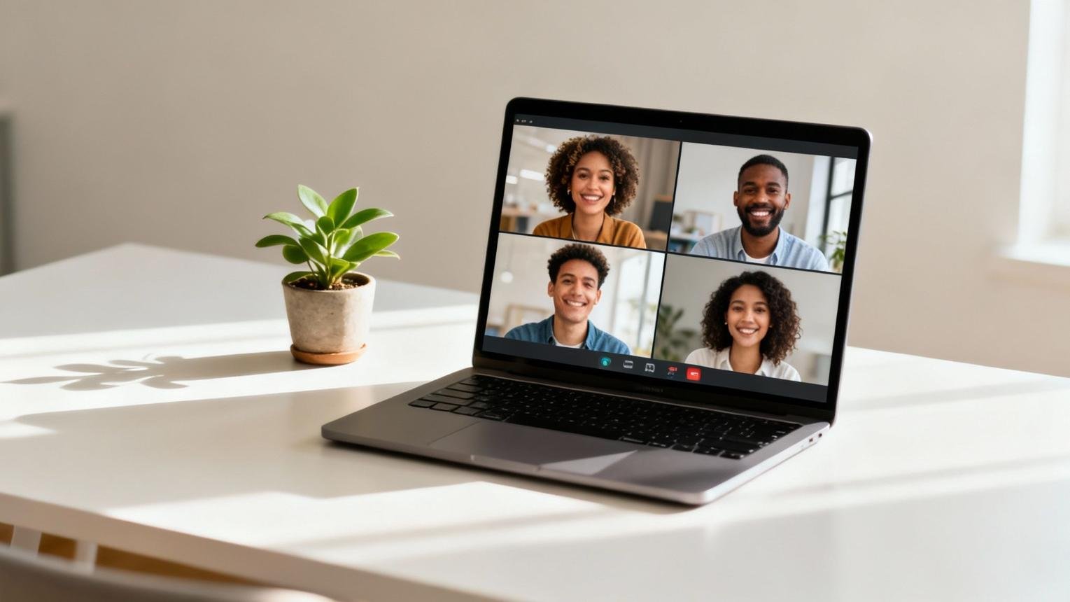 AI Laptops in 2026 showing a laptop used for a professional video meeting with remote team members.
