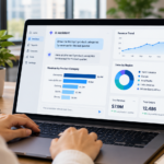 Conversational Analytics dashboard displaying AI-powered business insights, revenue charts, and sales data on a laptop.