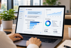 Conversational Analytics dashboard displaying AI-powered business insights, revenue charts, and sales data on a laptop.