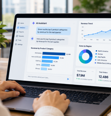 Conversational Analytics dashboard displaying AI-powered business insights, revenue charts, and sales data on a laptop.