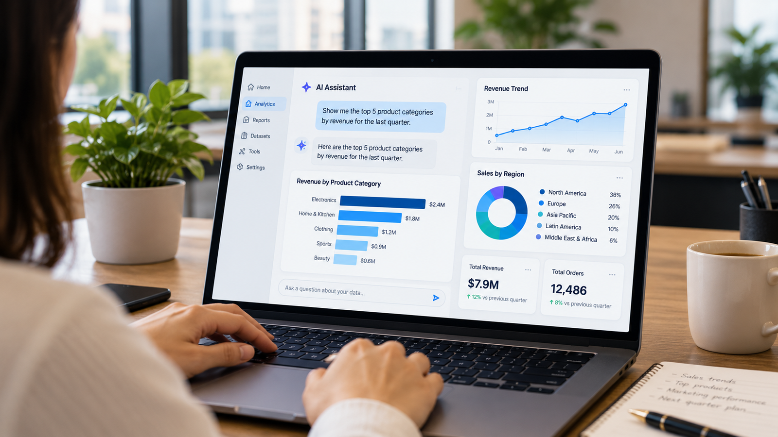 Conversational Analytics dashboard displaying AI-powered business insights, revenue charts, and sales data on a laptop.