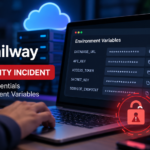 Railway security incident showing a laptop displaying the security disclosure and a cloud credential protection checklist