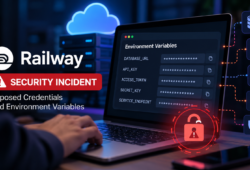 Railway security incident showing a laptop displaying the security disclosure and a cloud credential protection checklist