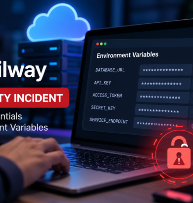 Railway security incident showing a laptop displaying the security disclosure and a cloud credential protection checklist