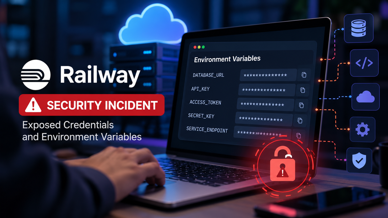 Railway security incident showing a laptop displaying the security disclosure and a cloud credential protection checklist
